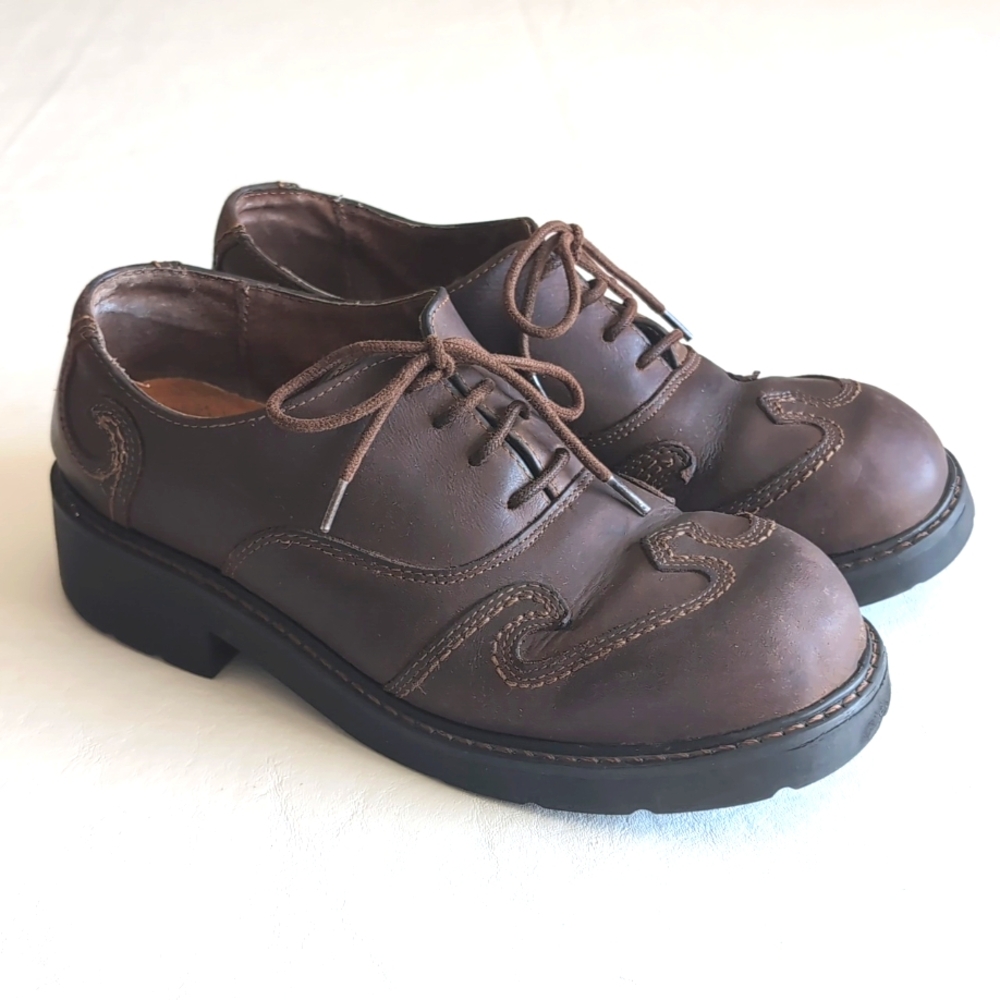 Vintage 90s American Eagle Brown Leather Chunky Platform Oxford Lace Up Boots 10